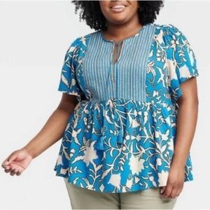 Knox Rose Boho Blue And White V-Neck Floral Blouse Sz-XL